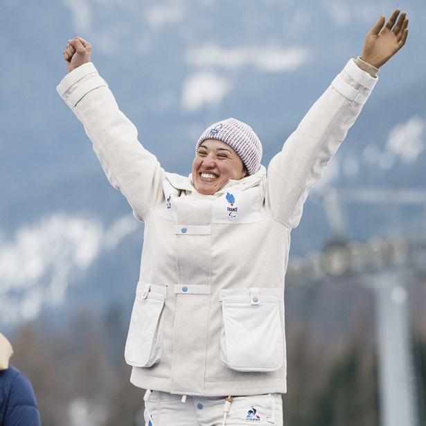 Aurelie Richard (FRA) celebrates her Silver Medal in Women’s  Alpine combined